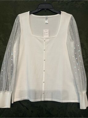 NWT B by Belldini White Scoop Neck Top Sheer Polka Dot Sleeve Blouse size L